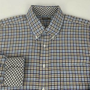 J. McLaughlin Blue and Brown Plaid Casual Button Down Shirt